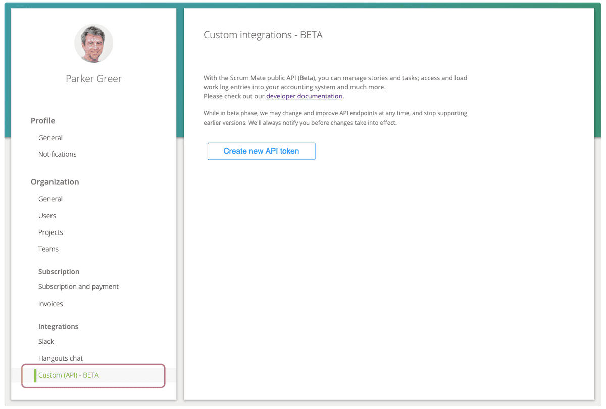 API Settings page